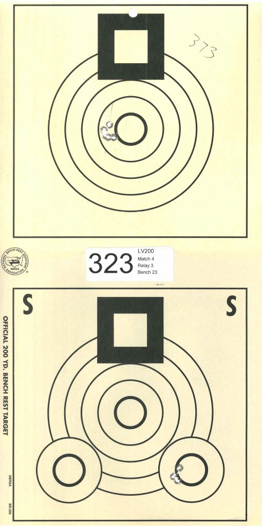Benchrest rifle target shot in a calm tail wind - 0.373" 5-shot group at 200 yards